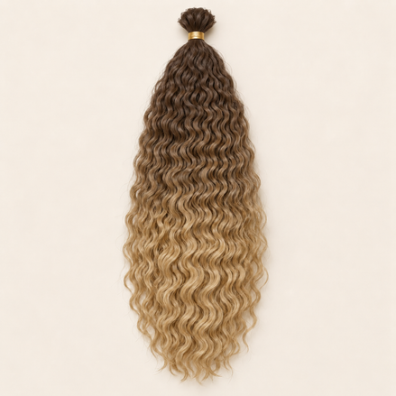 Wavy Kanekalon Ursula A8 Chocoladebruin naar goudblond krullend invlechthaar 55 cm