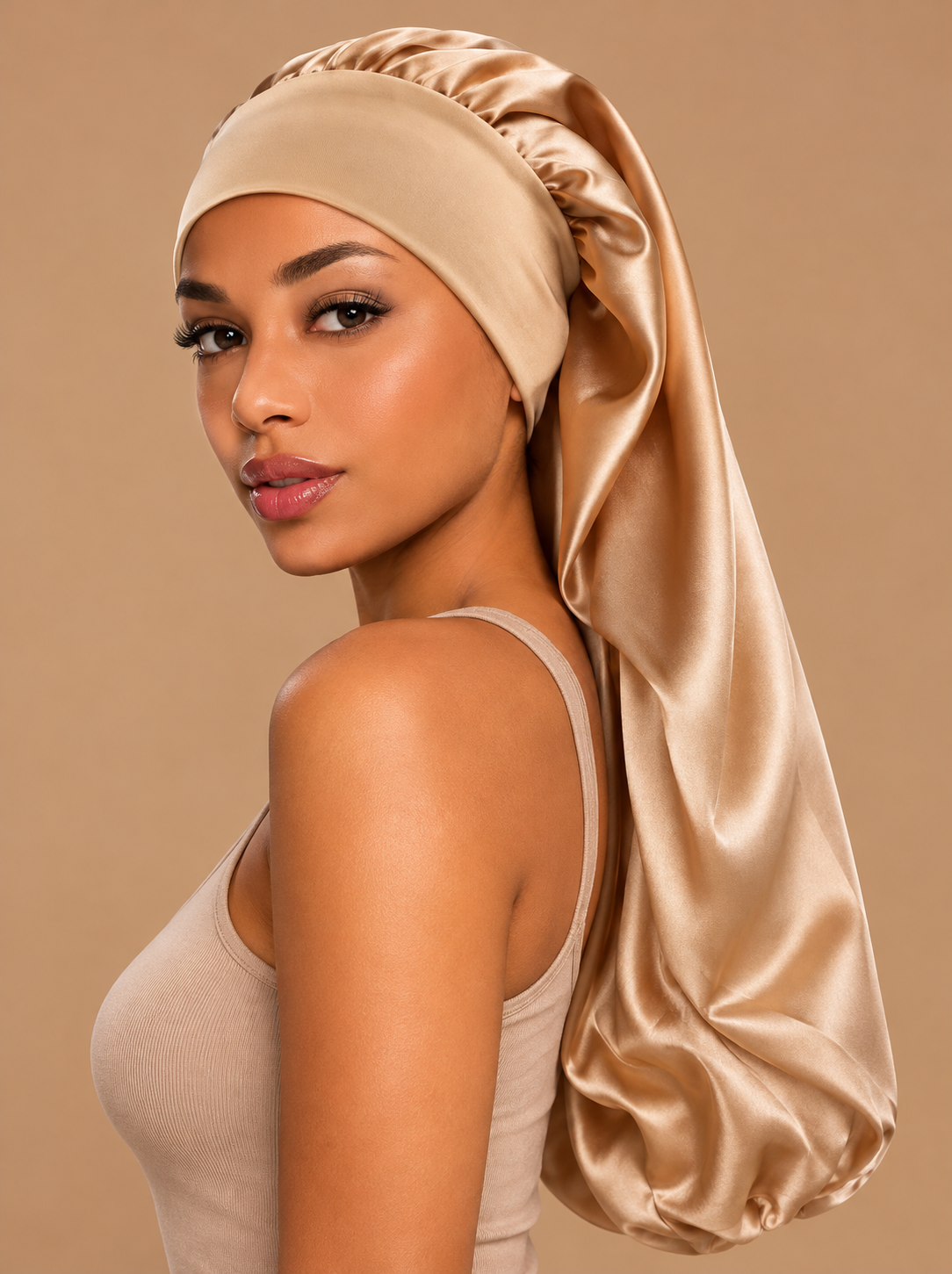 Champagne extra lange weave bonnet voor extensions en lang haar op model beige achtergrond