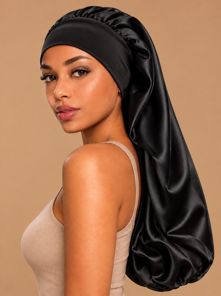 Zwarte extra lange weave bonnet met brede band op model tegen egale beige achtergrond