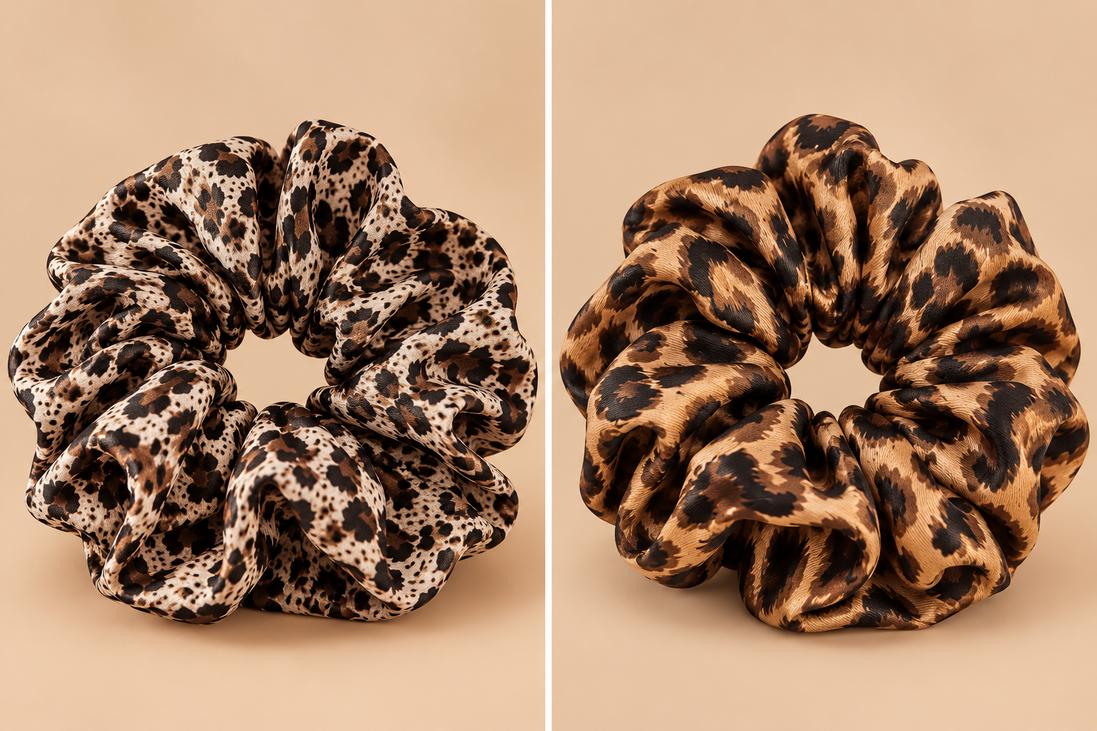 XXL luipaardprint scrunchies crème en caramel bruin - De HaarBoetiek