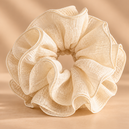 XXL beige ruffle scrunchie met luchtige geweven structuur - De HaarBoetiek