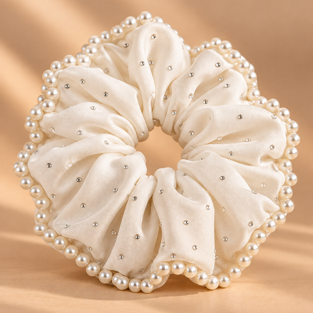 XXL witte satijnen scrunchie met parelrand en strass - De HaarBoetiek