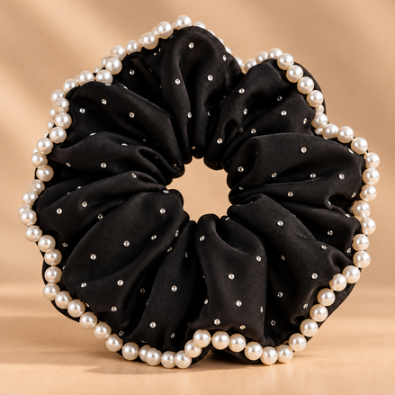 XXL zwarte satijnen scrunchie met parelrand en strass - De HaarBoetiek