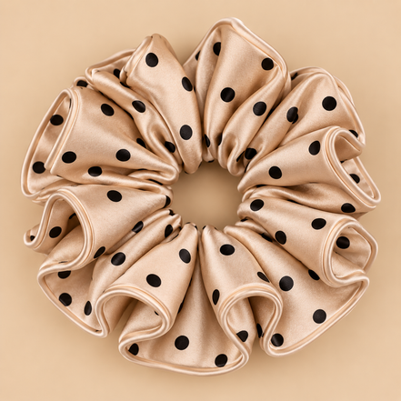 XXL beige satijnen scrunchie met zwarte polka dots - De HaarBoetiek