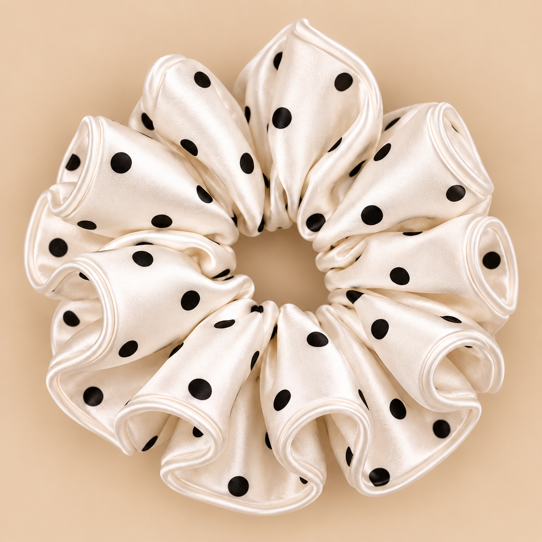 XXL witte satijnen scrunchie met zwarte polka dots - De HaarBoetiek