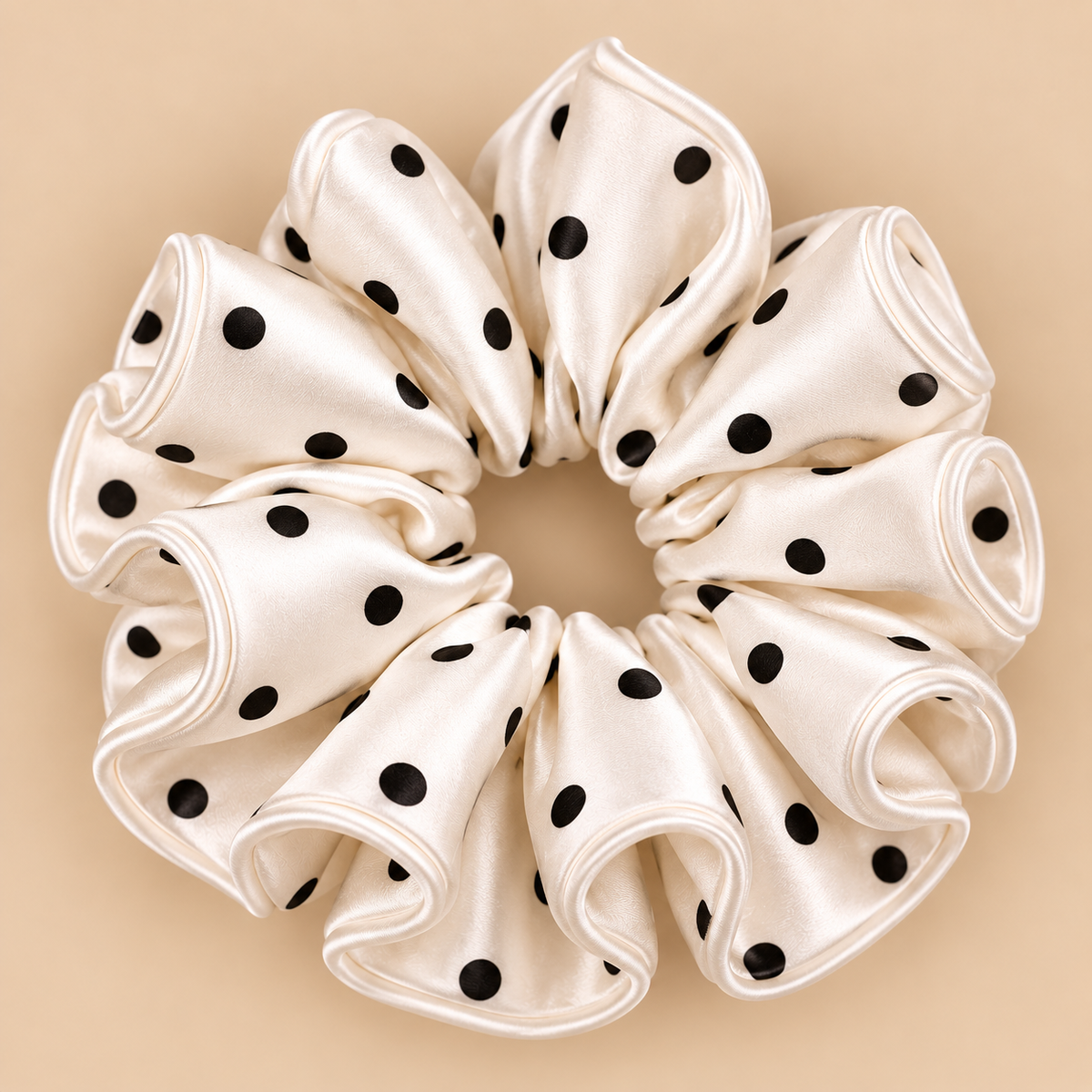 XXL witte satijnen scrunchie met zwarte polka dots - De HaarBoetiek