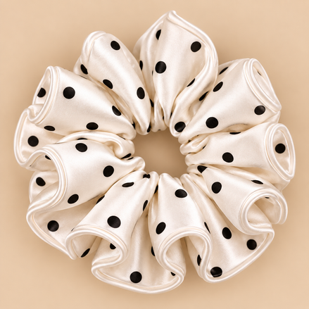 XXL witte satijnen scrunchie met zwarte polka dots - De HaarBoetiek