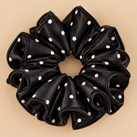 XXL zwarte satijnen scrunchie met witte polka dots - De HaarBoetiek