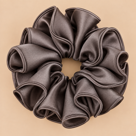 Grijze taupe XXL satijnen ruffle scrunchie - de HaarBoetiek