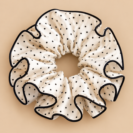 XXL satijnen ruffle scrunchie wit met zwarte polka dots en zwarte bies - De HaarBoetiek