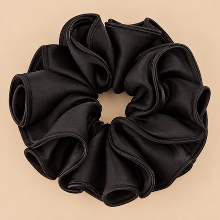 Zwarte XXL satijnen ruffle scrunchie - de HaarBoetiek