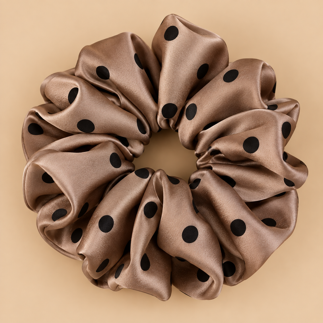 XXL bruin taupe satijnen scrunchie met grote zwarte polka dots - De HaarBoetiek