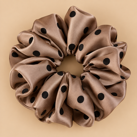 XXL bruin taupe satijnen scrunchie met grote zwarte polka dots - De HaarBoetiek