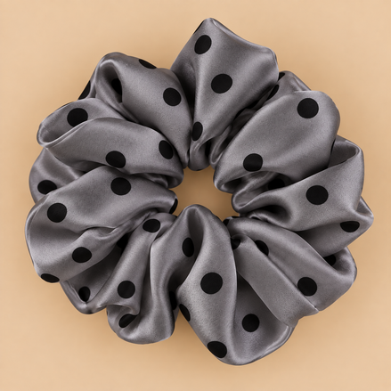 XXL donkergrijze satijnen scrunchie met grote zwarte polka dots - De HaarBoetiek
