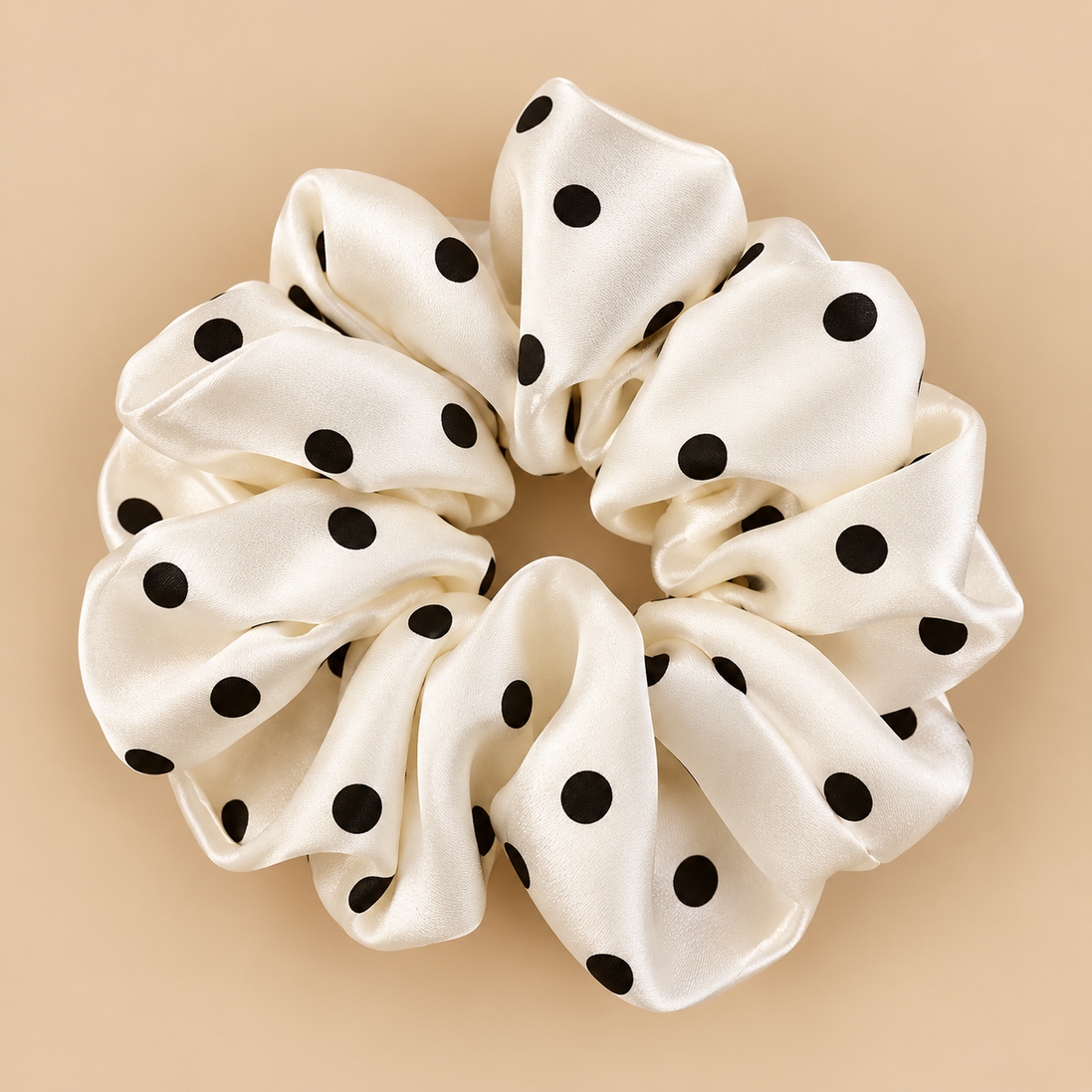 XXL witte satijnen scrunchie met grote zwarte polka dots - De HaarBoetiek