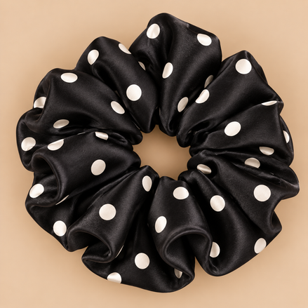 XXL zwarte satijnen scrunchie met grote witte polka dots - De HaarBoetiek