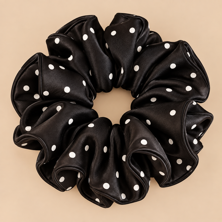 Zwarte XXL satijnen scrunchie met witte polka dots - de HaarBoetiek