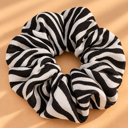 Zwart-witte zebra scrunchie op beige achtergrond