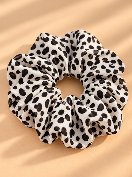 Zwart-witte scrunchie met dierenprint op beige achtergrond
