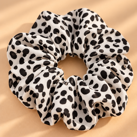 Zwart-witte scrunchie met dierenprint op beige achtergrond