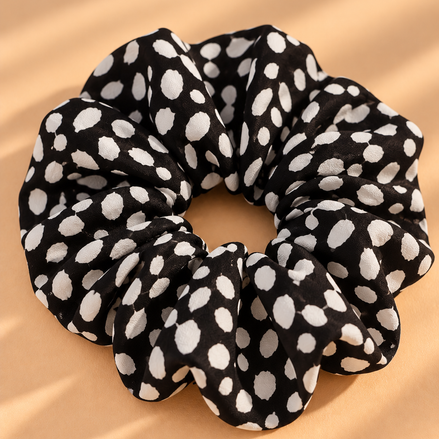 Zwarte scrunchie met witte dierenprint stippen op beige achtergrond