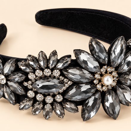 Luxe zwarte haarband met grijze sierstenen en bloemen