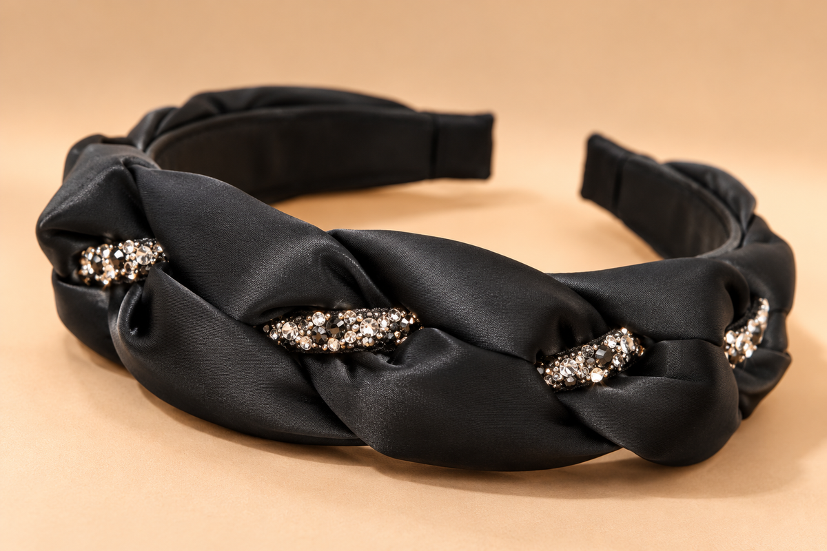Gevlochten Satijnen Diadeem met Strass – Zwart – De HaarBoetiek