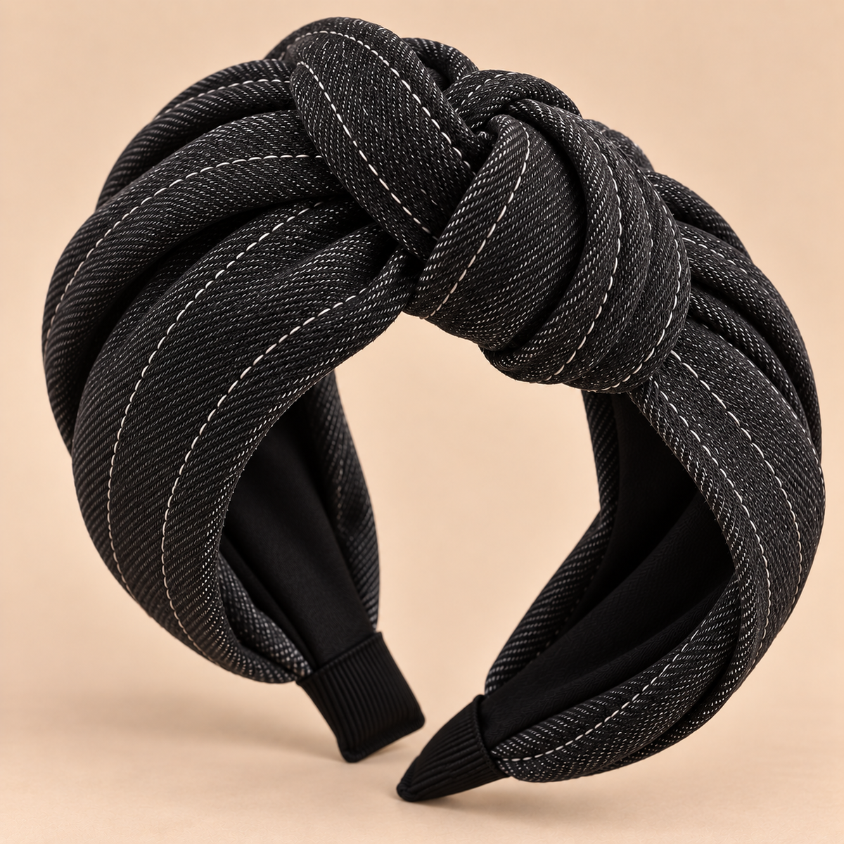 Zwarte jeans haarband met knoop - zwarte denim haaraccessoire