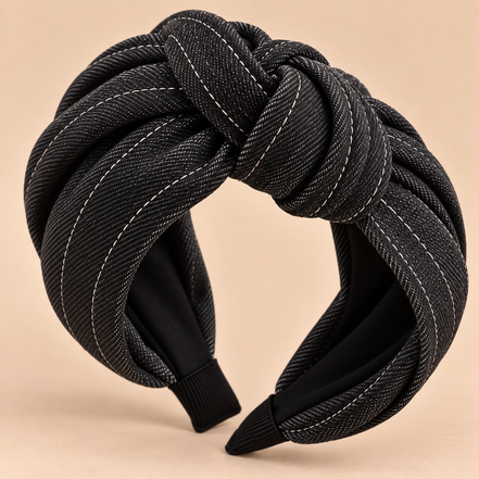 Zwarte jeans haarband met knoop - zwarte denim haaraccessoire