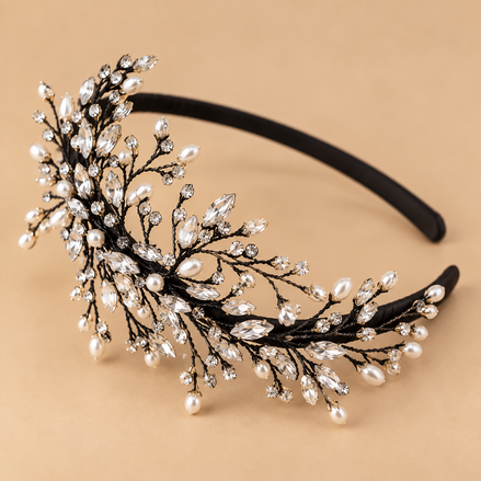 Zwarte bruidsdiadeem met heldere kristallen en pareldetails op beige achtergrond